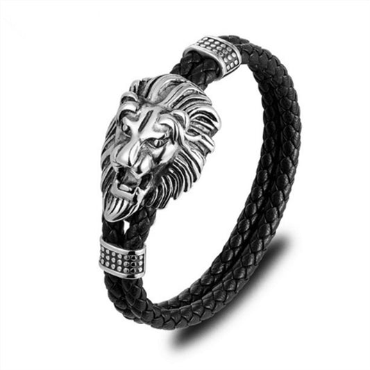 Lion Head Stainless Steel on Leather Wristband Bracelet