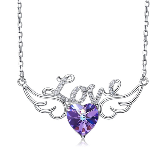 Angel Wings with Love Crystal Heart Pendant Necklace