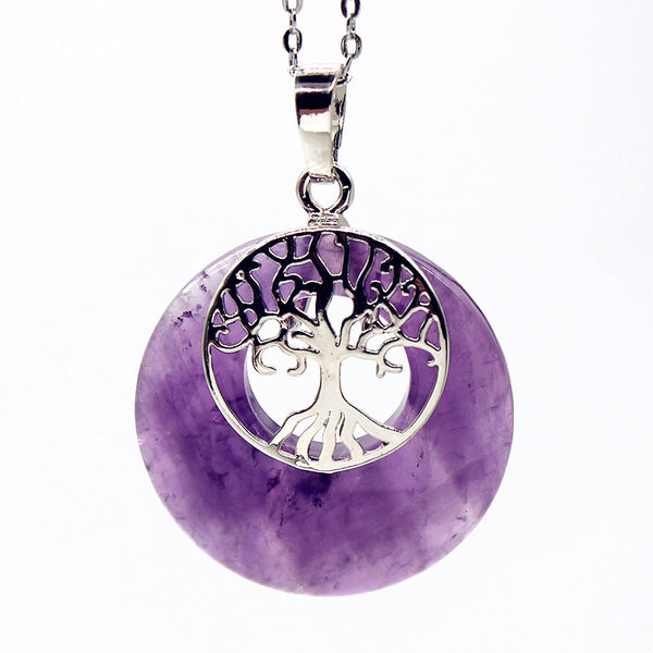 Silver Plated Tree of Life Purple Amethyst Pendant Necklace