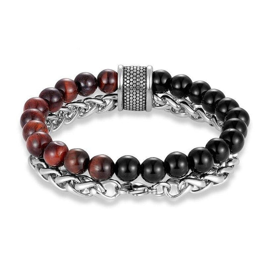 Tiger Eye Natural Stone Beads & Stainless Steel Chain Fashion Bracelet