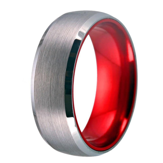 8mm Brushed Matte Silver & Red Tungsten Carbide Wedding Band