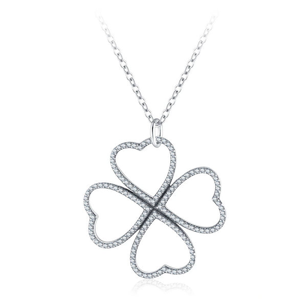 925 Sterling Silver Heart Shaped Clover Pendant Necklace