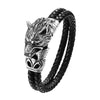 Stainless Steel Wolf Head Leather Bracelet for Men