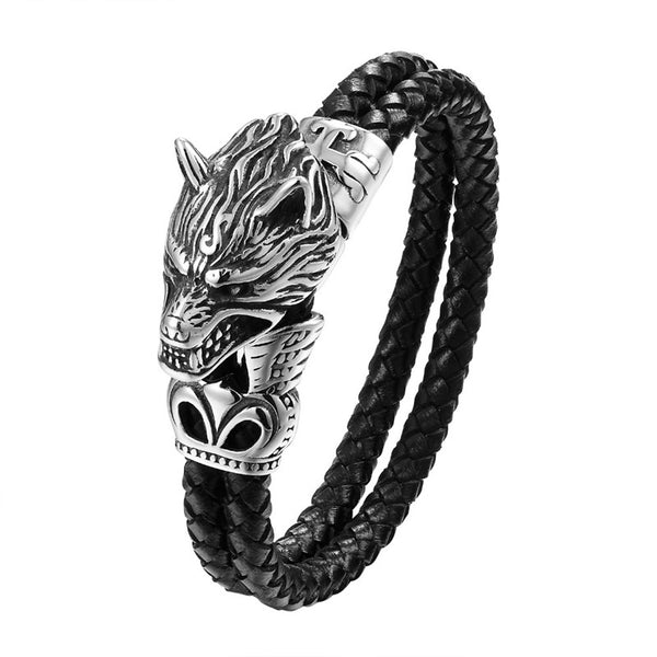 Stainless Steel Wolf Head Leather Bracelet for Men