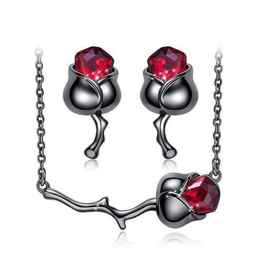 Black Crystal Rose Sideways Necklace & Earrings Jewelry Set