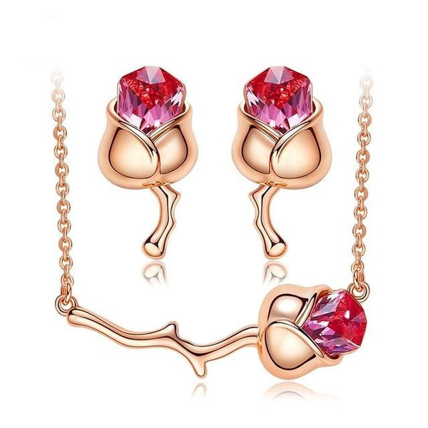 Black Crystal Rose Sideways Necklace & Earrings Jewelry Set