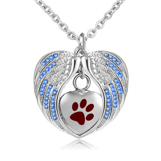 Heart Paw Print with Angel Wing Birthstone Pendant Necklace Pet’s Cremation Jewelry