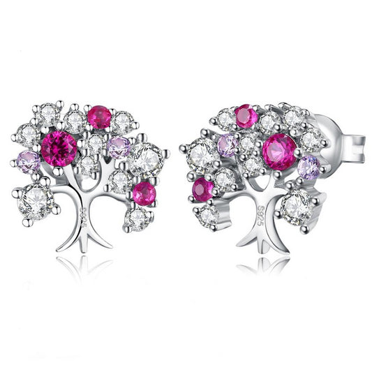 925 Sterling Silver Red Ruby Cubic Zirconia Tree Of Life Stud Earrings - Innovato Store