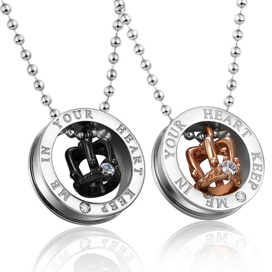 Stainless Steel King and Queen Crown Pendant Necklace for Couple