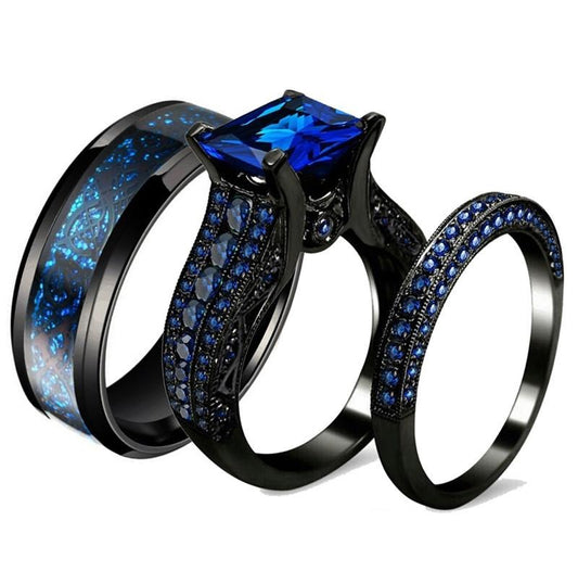 Black Celtic Dragon Inlay Band and Blue Cubic Zirconia Wedding Ring Set