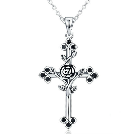 925 Sterling Silver Rose and Leaf Cross Pendant Necklace