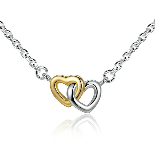 925 Sterling Silver Gold and Silver Connected Hearts Pendant Necklace