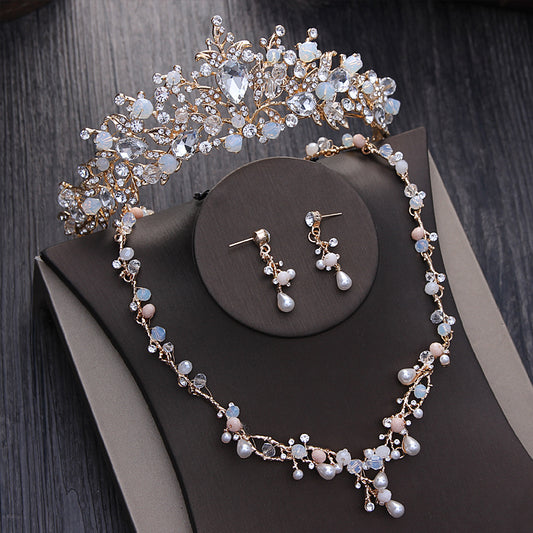 Baroque Crystal, Beads, Pearl and Rhinestone Tiara, Necklace & Earrings Jewelry Set