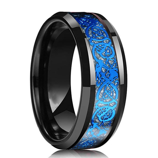 8mm Blue Celtic Dragon Inlay Black Tungsten Carbide Wedding Band