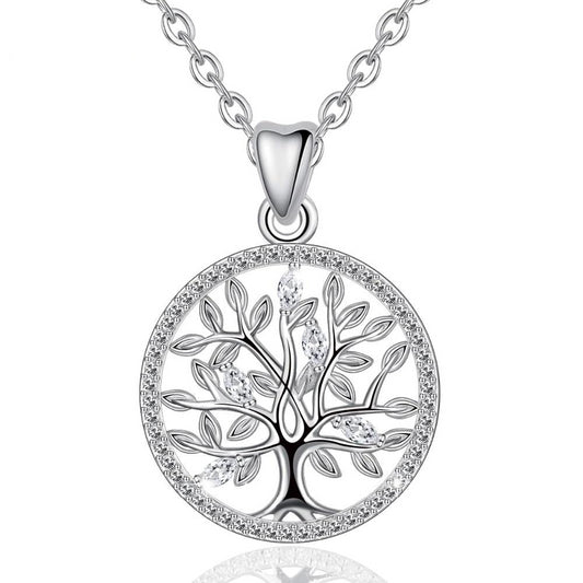 Solid Sterling Silver Tree of Life with Cubic Zirconia Pendant Necklace
