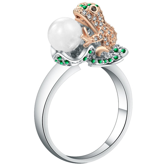 Rhodium Plated Austrian Crystal Frog with Pearl Design Ring