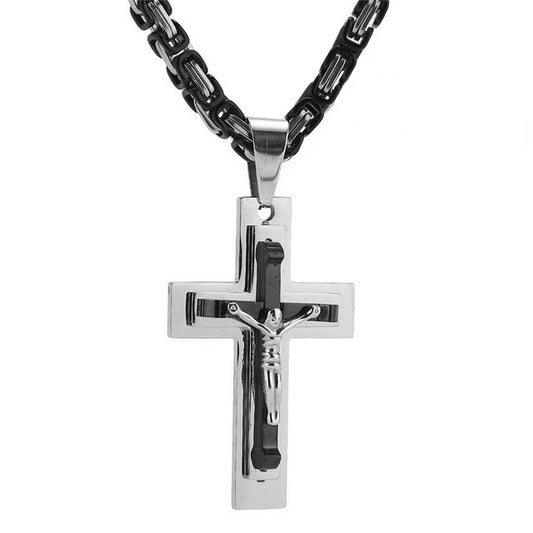 Men’s Two Tone Stainless Steel Black and Silver Cross Pendant Necklace
