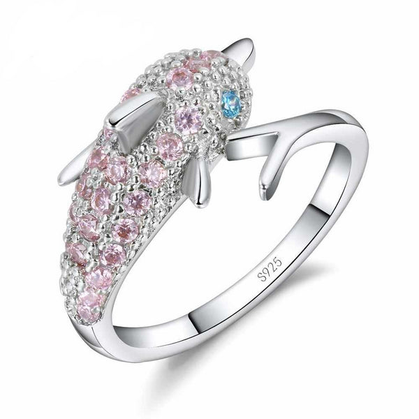 Pink Zircon Dolphin Ring with Australian Blue Crystal Eyes 925 Sterling Silver