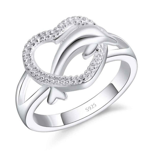 Dolphin Heart with Cubic Zirconia 925 Sterling Silver Women’s Ring - Innovato Store