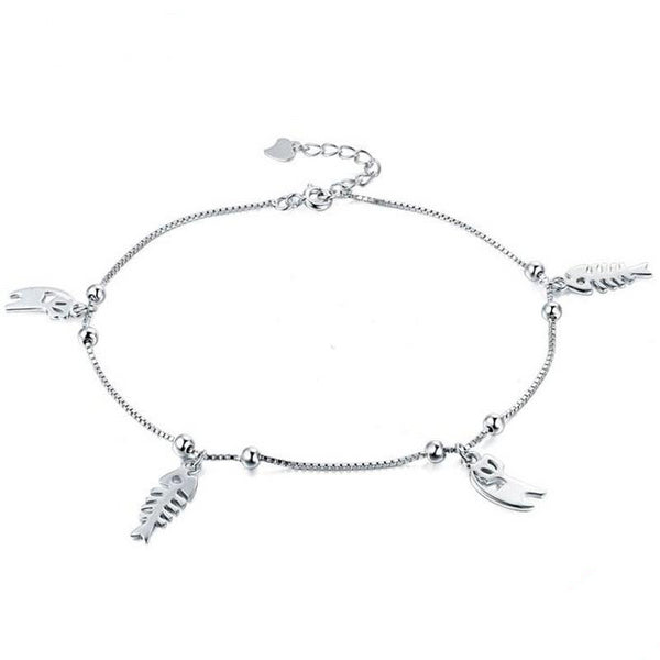 925 Sterling Silver Cat and Fish Bone Pendant Ankle Bracelet Foot Accessory