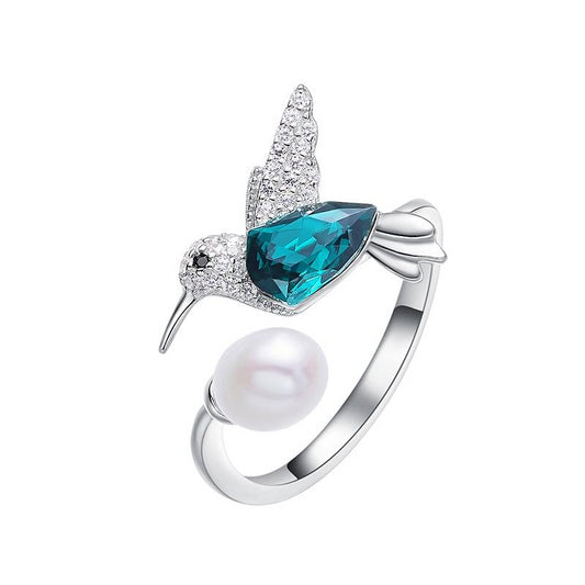 Embellished with Crystals Hummingbird Blue Resizable Ring