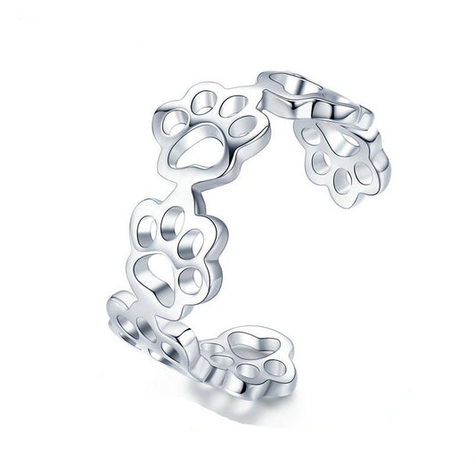 Adjustable Silver Dog Paw Prints Ring Women’s Jewelry