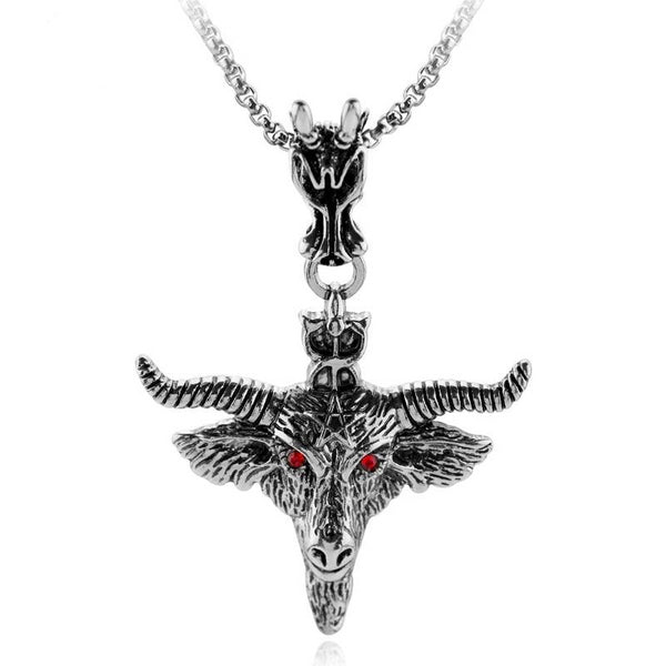 Bull Skull Head with Red Eyes and Pentagram Pendant Necklace For Men