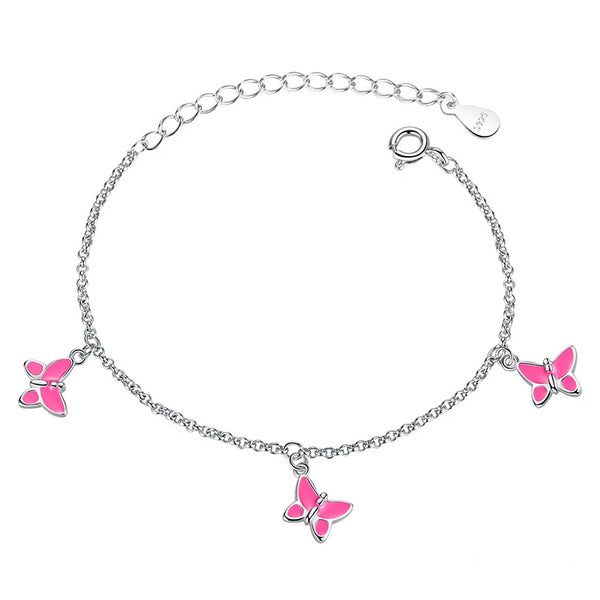925 Sterling Silver Lovely Pink Butterfly Pendant Bracelet