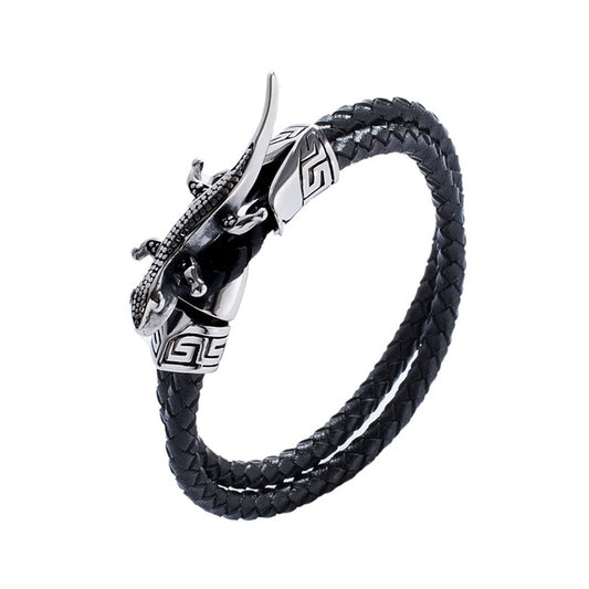 Punk Black Leather Mounted with Lizard Bracelet Men’s Jewelry