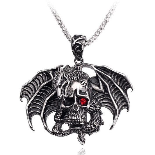 Gothic Flying Skull with Red Crystal Pendant Necklace