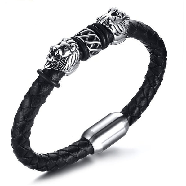 316L Stainless Steel Double Lion in Black Leather Wristband Bracelet