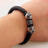 316L Stainless Steel Double Lion in Black Leather Wristband Bracelet