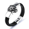 Black Genuine Leather with Silver Lion Bracelet