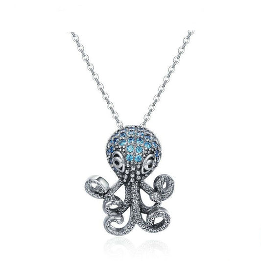 925 Sterling Silver Marine Octopus with Cubic Zirconia Pendant Necklace