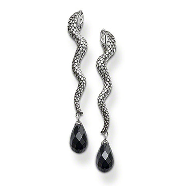 Silver Plated Snake with Black Water-drop Crystal Stud Earrings