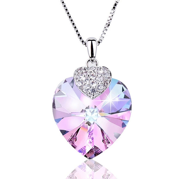 925 Sterling Silver Heart Amethyst with Swarovski Crystal Pendant Necklace
