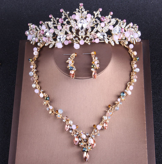 Baroque Pink Crystal and Pearl Tiara, Necklace & Earrings Jewelry Set